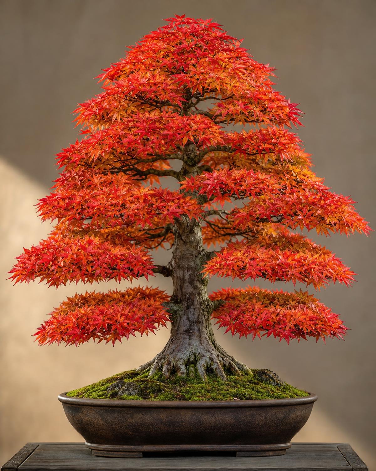 Bonsai acer in volle herfstkleur in een lage schaal