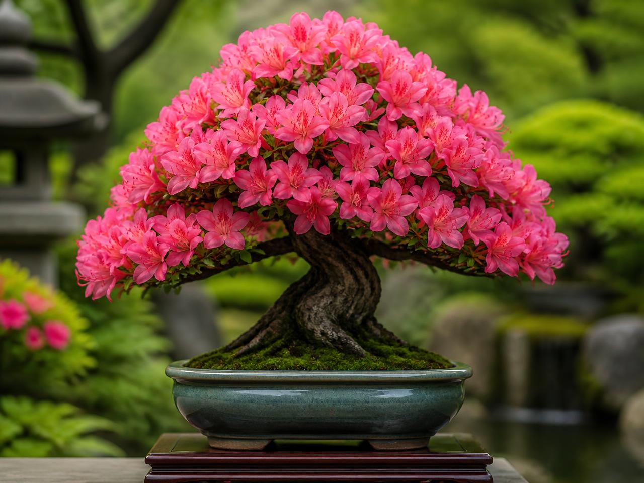 Rododendron azalea in bloei als bonsai-achtige vormplant