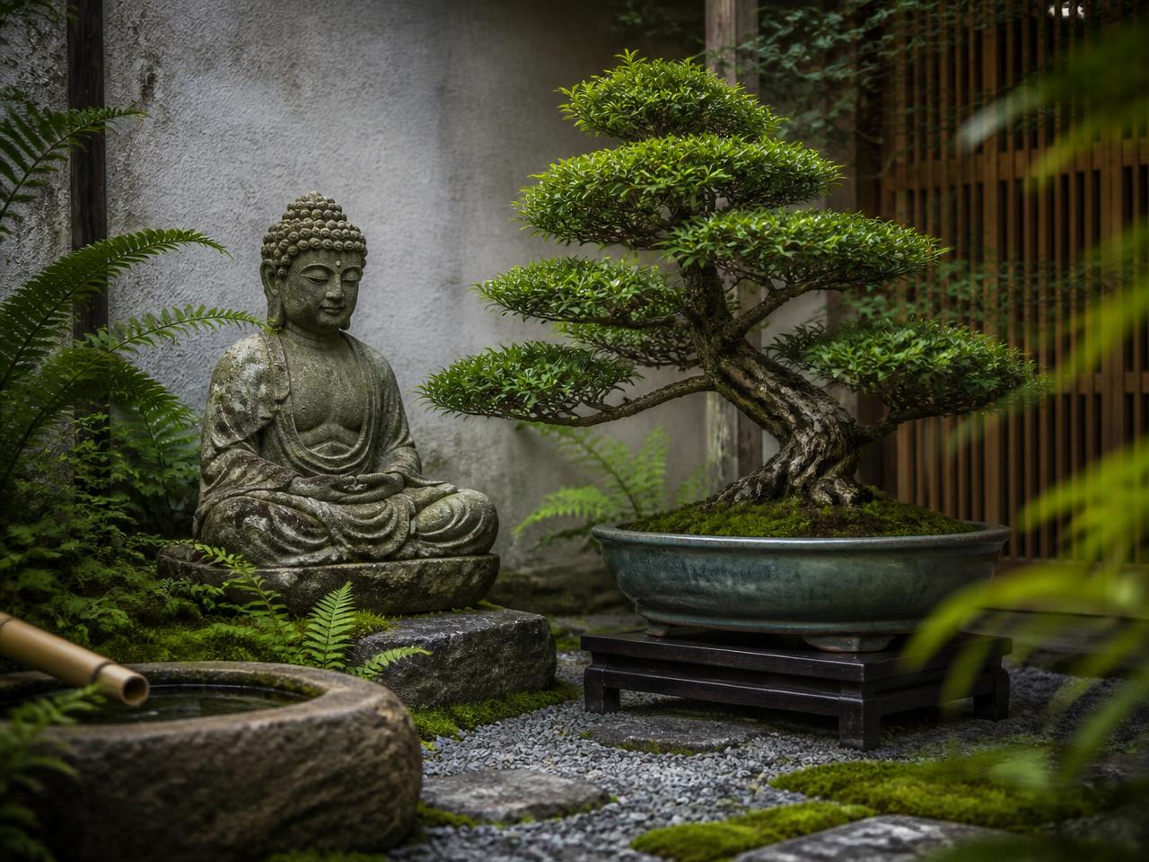 Bonsai met boeddhabeeld in een Japans aangelegde tuin