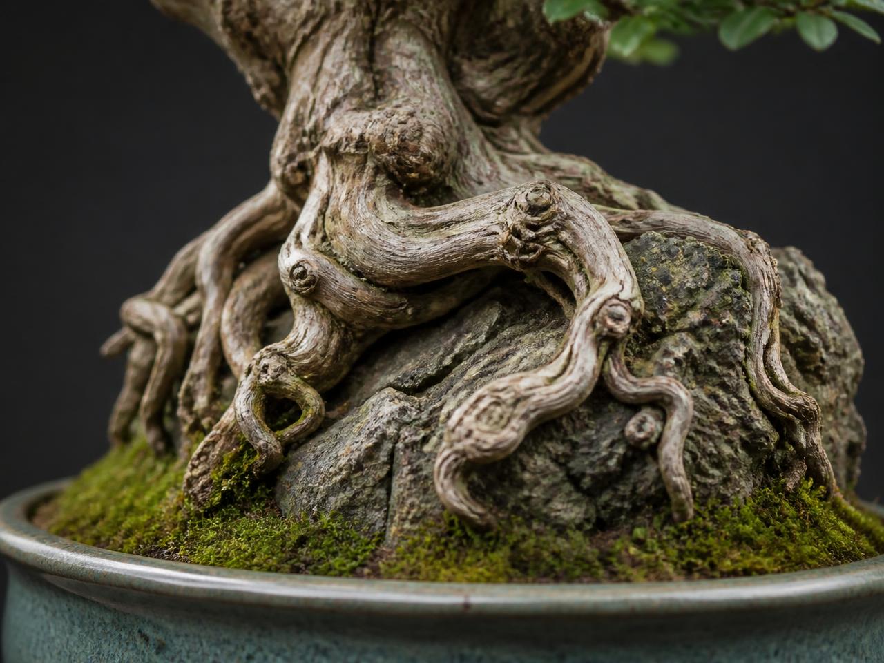 Bonsai met zichtbare wortelopslag boven de schaal